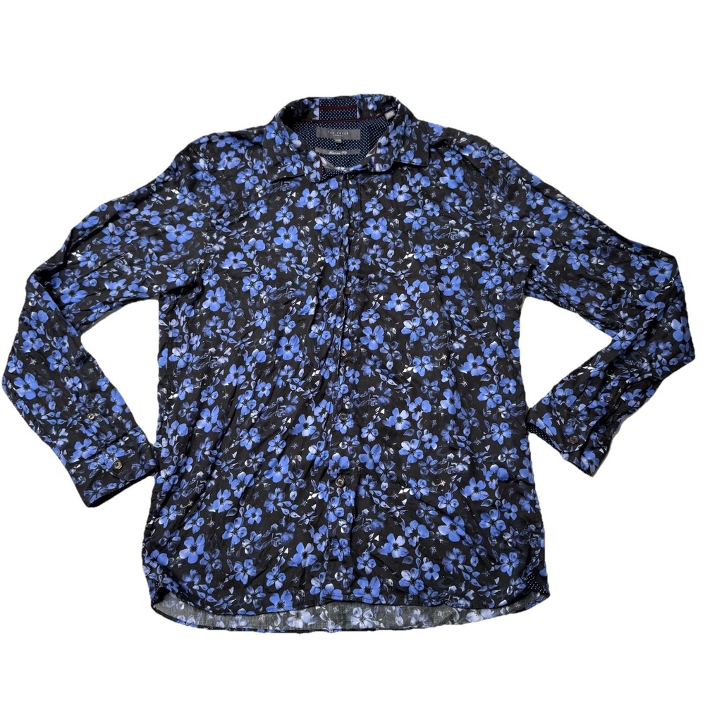 Ted Baker London Mens Black/Blue Floral‎ Print Button Down Long Sleeve Size 16.5